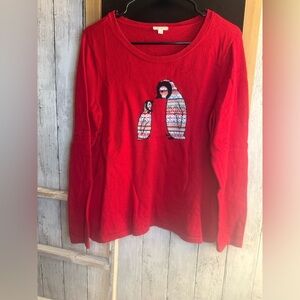 Talbots Women’s Fair Isle Penguin Sweater Size LP Red Sequins Winter Novelty